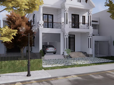 Elegant White Detached Villa With Garage Car Lawn Trees And Steps Front View 3d model