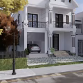 Elegant White Detached Villa With Garage Car Lawn Trees And Steps Front View