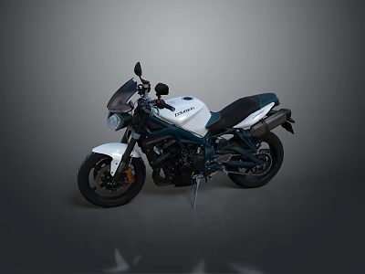 White and Teal Naked Motorcycle with Modern Headlight Exhaust and Mirrors on Gray Reflective Background 3d model
