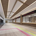 Hospital Outpatient Lobby With Modern Wooden Ceiling Glass Windows And Colorful Floor Design
