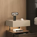 Modern Wooden Nightstand With Open Drawer Table Lamp Coffee Cup And Books