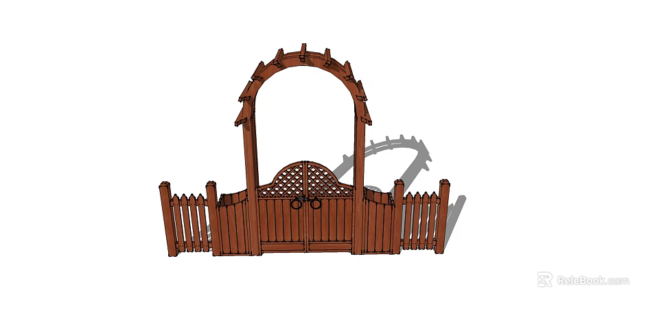 Wooden Garden Gate With Arched Top Lattice Design And Side Wooden Fence 3d model 