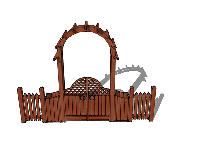 Wooden Garden Gate With Arched Top Lattice Design And Side Wooden Fence 3d model