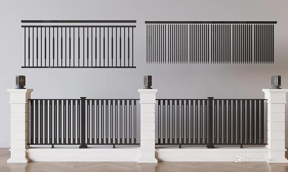 Modern Metal Railing With Vertical Slats And White Support Columns 3d model