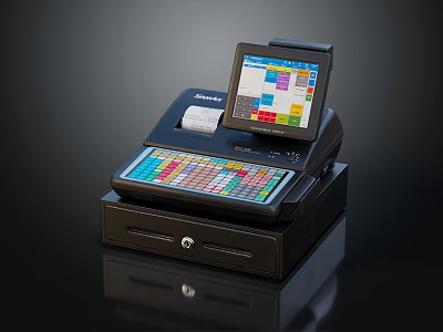 Modern Black Cash Desk Furniture With Digital Screen Keyboard And Drawer Storage 3d model
