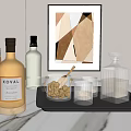 Elegant Whiskey Bottles And Glasses Display With Ice Bucket Tray And Abstract Wall Art