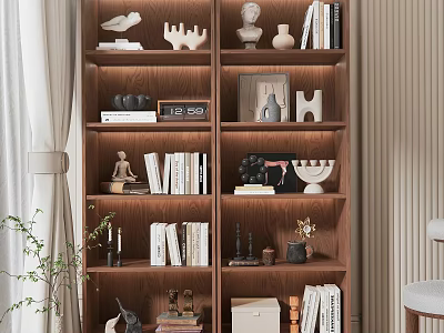Modern Wooden Bookshelf With Books Decorative Sculptures Photo Frames And Vases 3d model
