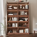 Modern Wooden Bookshelf With Books Decorative Sculptures Photo Frames And Vases