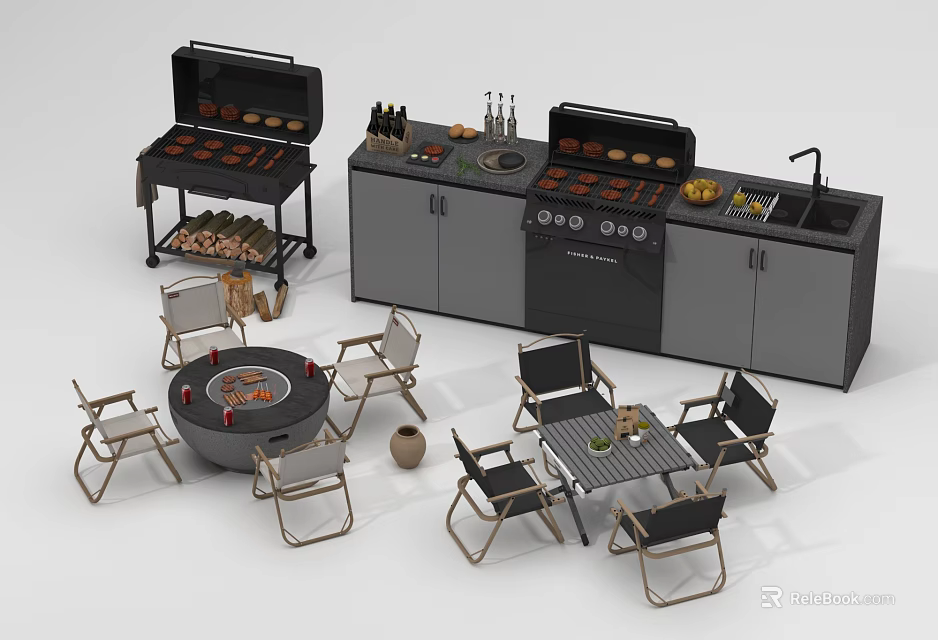 Outdoor Chairs In Grill Area With Table And Kitchen Appliances For Patio Setup 3d model 
