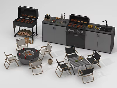 Outdoor Chairs In Grill Area With Table And Kitchen Appliances For Patio Setup 3d model