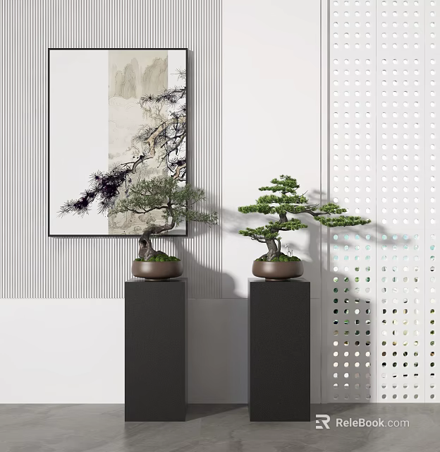 Bonsai Plants Displayed on Black Pedestals with Modern Interior Wall Painting and Perforated Screen 3d model 