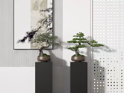 Bonsai Plants Displayed on Black Pedestals with Modern Interior Wall Painting and Perforated Screen 3d model