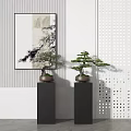 Bonsai Plants Displayed on Black Pedestals with Modern Interior Wall Painting and Perforated Screen
