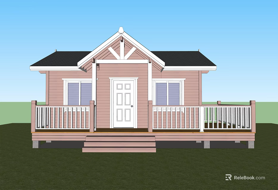 Pink Exterior Wooden House With Black Roof White Railings Porch And Windows 3d model 