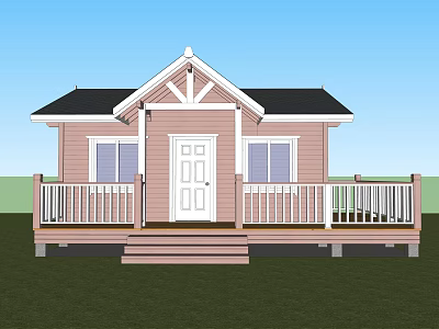 Pink Exterior Wooden House With Black Roof White Railings Porch And Windows 3d model