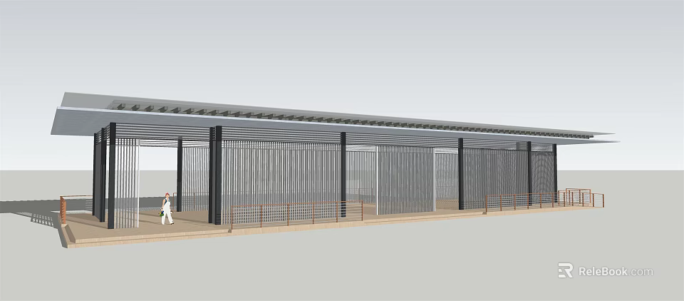 Modern Open Air Station with Metal Grille Structure and Pedestrian Walkway 3d model 