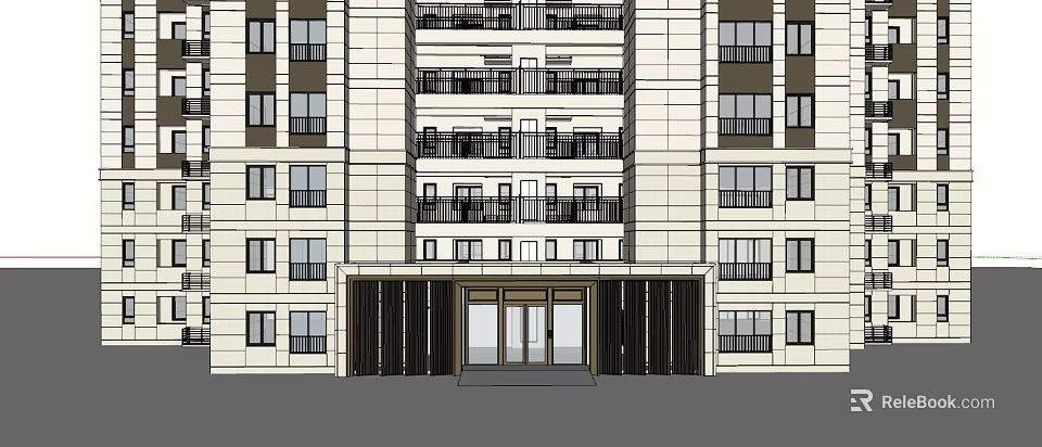 Modern Residential Building Exterior With Multiple Floors Balconies Porch And Glass Entrance Doors 3d model 