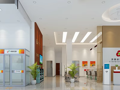 Modern Administrative Service Hall Interior With Service Counters Self service Kiosks And Green Plants 3d model
