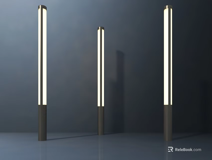 Three Tall Slim Outdoor Lights With Metal Base And White LED Illumination 3d model 