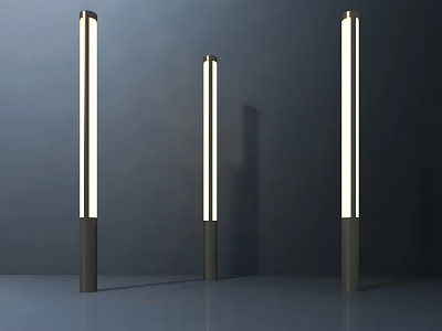 Three Tall Slim Outdoor Lights With Metal Base And White LED Illumination 3d model