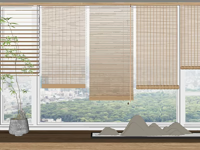 Various Natural Wooden Blinds On Window With Green Outdoor Landscape And Indoor Plant Decor 3d model