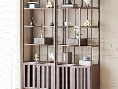 Chinese Style Wooden Display Shelf With Decorative Items And Storage Compartments 3d model