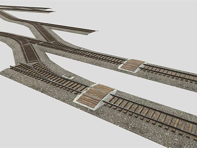Train Moving On Cross Railway Tracks With Wooden Sleepers And Gray Ground 3d model