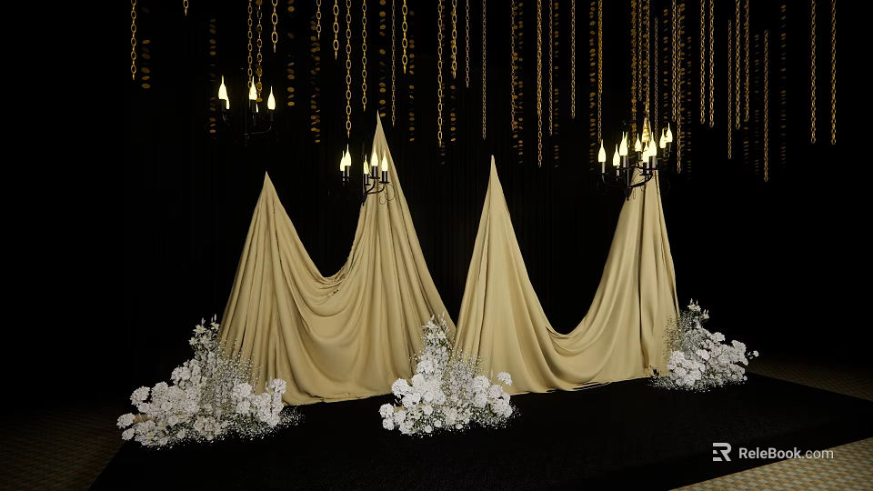 Elegant Golden Drapery Setup With Candelabras White Flowers And Black Backdrop 3d model 