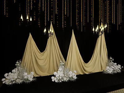 Elegant Golden Drapery Setup With Candelabras White Flowers And Black Backdrop 3d model