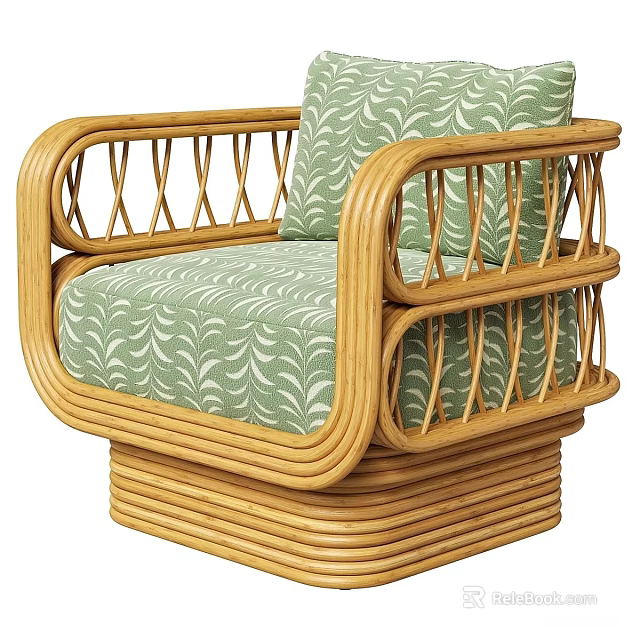 Stylish Single Sofa With Rattan Frame And Green Leaf Pattern Cushions 3d model 