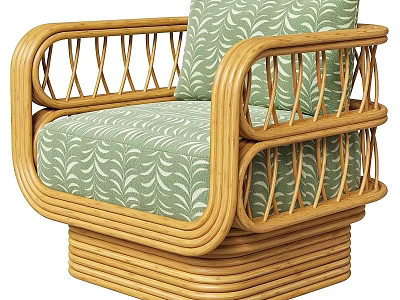 Stylish Single Sofa With Rattan Frame And Green Leaf Pattern Cushions 3d model