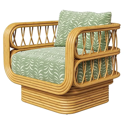 Stylish Single Sofa With Rattan Frame And Green Leaf Pattern Cushions 3d model