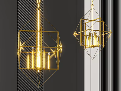 Golden Geometric Chandeliers with Illuminated Candle Shaped Bulbs on Dark Striped Wall Background 3d model