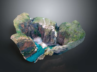 Detailed Terrain Model Featuring Canyon River Waterfall And Green Vegetation 3d model