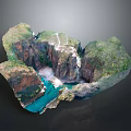 Detailed Terrain Model Featuring Canyon River Waterfall And Green Vegetation
