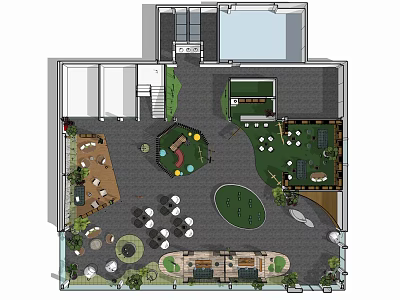 Fun Children's Play Area Layout With Playground Facilities Green Spaces And Seating 3d model