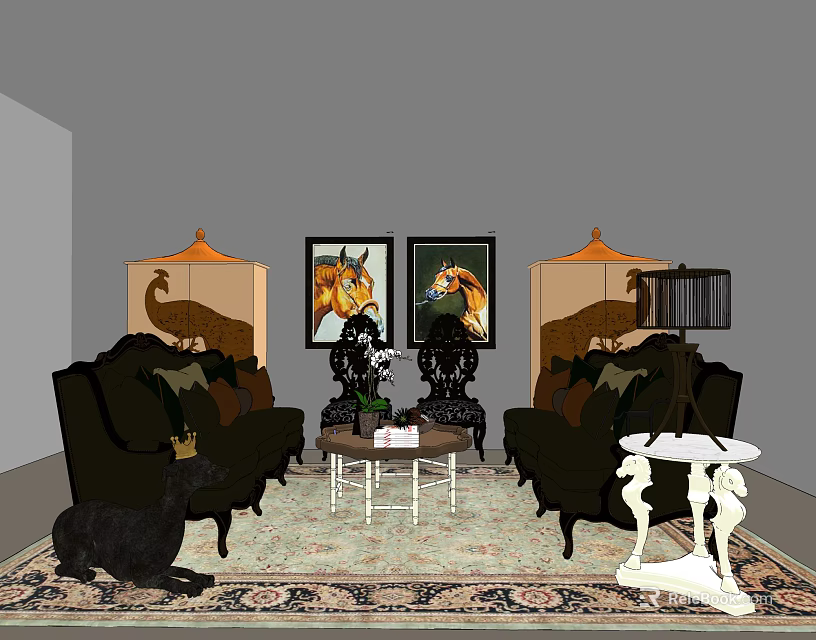 Traditional Sofa and Coffee Table Set with Floor Lamps Horse Paintings and Patterned Rug 3d model 