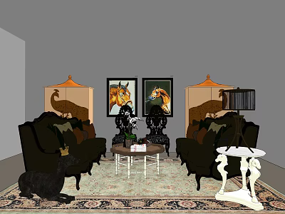Traditional Sofa and Coffee Table Set with Floor Lamps Horse Paintings and Patterned Rug 3d model