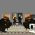 Traditional Sofa and Coffee Table Set with Floor Lamps Horse Paintings and Patterned Rug