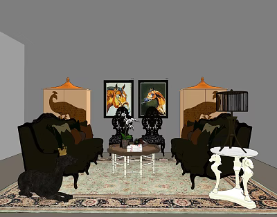 Traditional Sofa and Coffee Table Set with Floor Lamps Horse Paintings and Patterned Rug 3d model