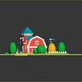 Colorful Farm Barn Building with Blue Roof White Fence Green Grass Windmill and Trees
