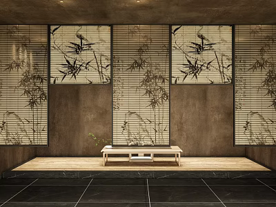 Bamboo Patterned Blinds In Room With Brown Walls Black Tiled Floor And Wooden Bench 3d model