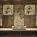 Bamboo Patterned Blinds In Room With Brown Walls Black Tiled Floor And Wooden Bench