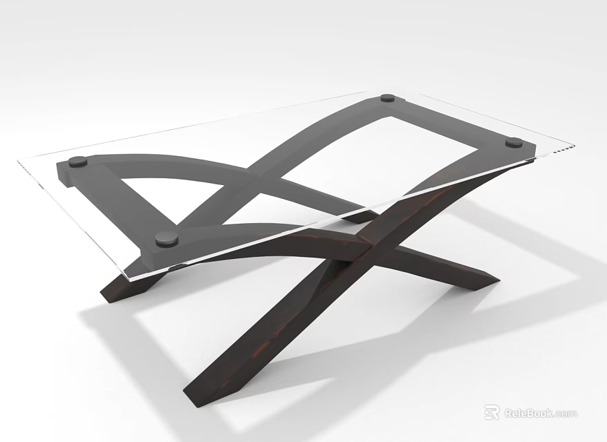 Modern Coffee Table With Transparent Glass Top And Crossed Wooden Frame Design 3d model 