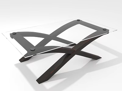 Modern Coffee Table With Transparent Glass Top And Crossed Wooden Frame Design 3d model