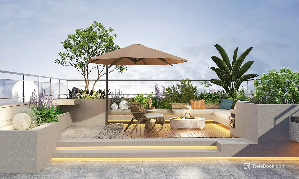 Rooftop Garden Outdoor Space With Umbrella Seating Furniture And Green Plants 3d model 
