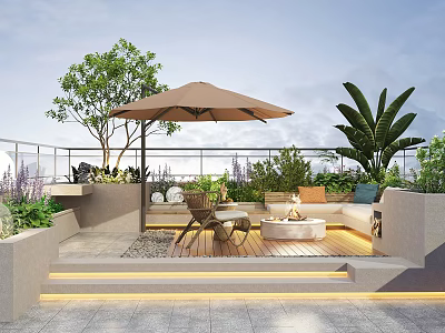 Rooftop Garden Outdoor Space With Umbrella Seating Furniture And Green Plants 3d model