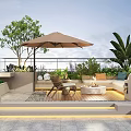 Rooftop Garden Outdoor Space With Umbrella Seating Furniture And Green Plants