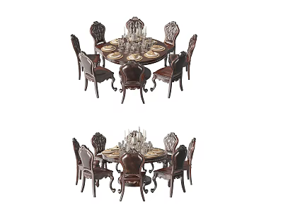 Elegant Round Dining Table Set With Carved Chairs And Ornate Centerpiece 3d model
