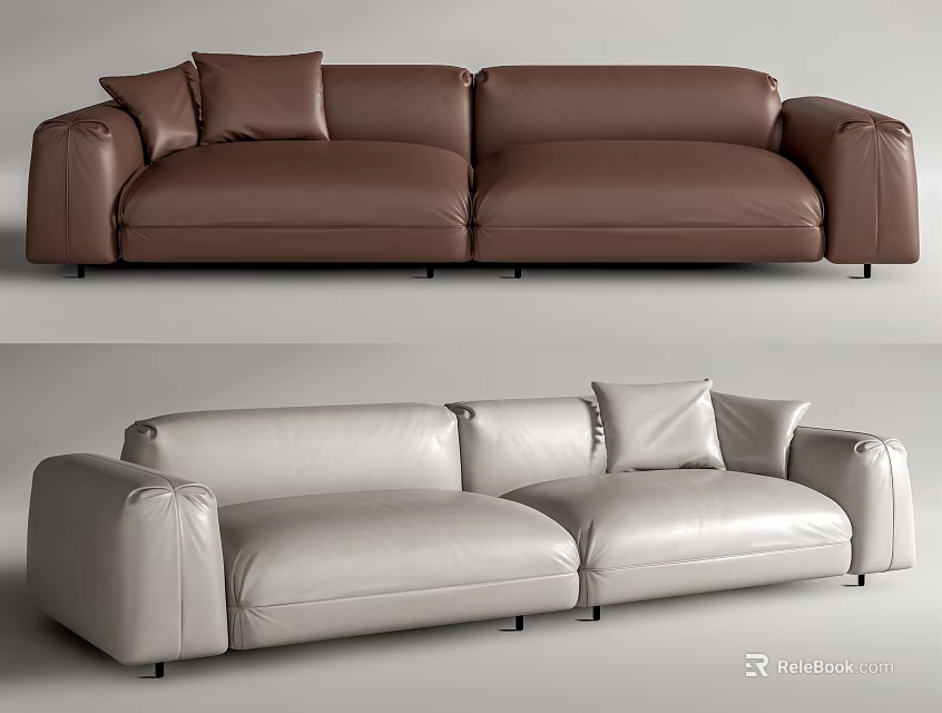 Modern Brown and White Leather Two-Seater Sofa With Comfortable Cushions 3d model 